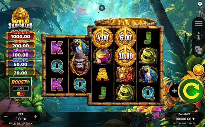 Wild Silverback – pagrindinis žaidimo ekranas su 3-3-4-4-4 tinklu